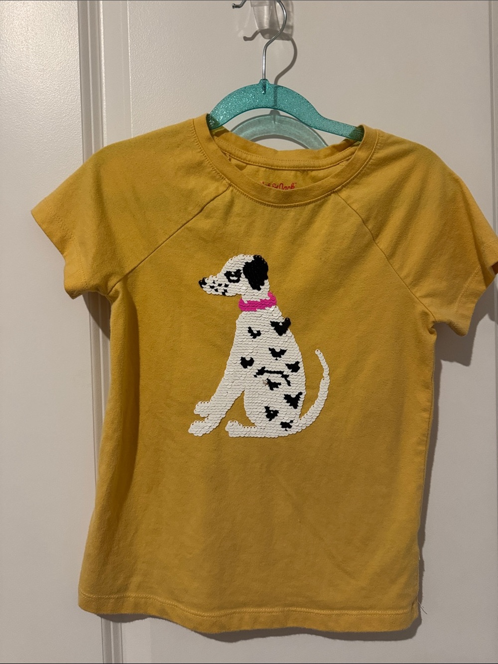 Cat & Jack Mustard Yellow Tee with Sequin Dalmatian and Pink Collar
